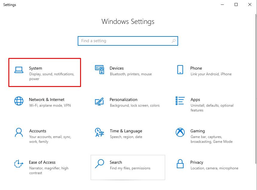 How to rotate the screen on Windows 10: Open windows Settings and select System