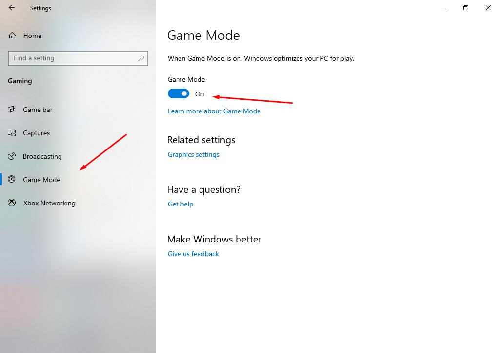 In Window settings Go to Game Mode and activate Game Mode 